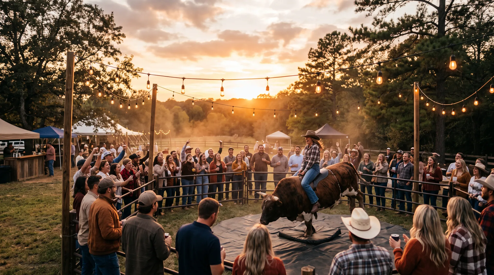 Party scene with mechanical bull